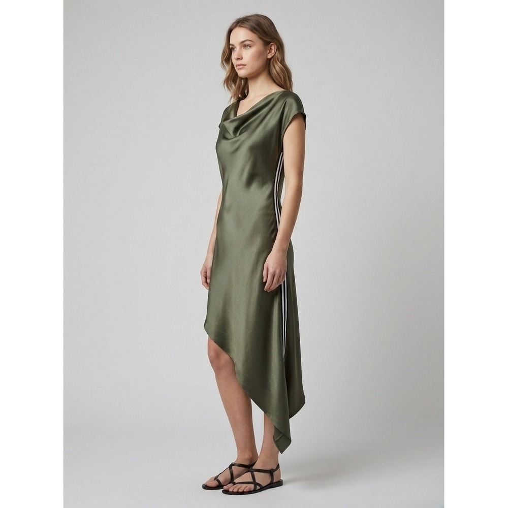 Ruti Olive Green Satin Cowl Neck Asymmetrical Midi Dress with Side Stripes